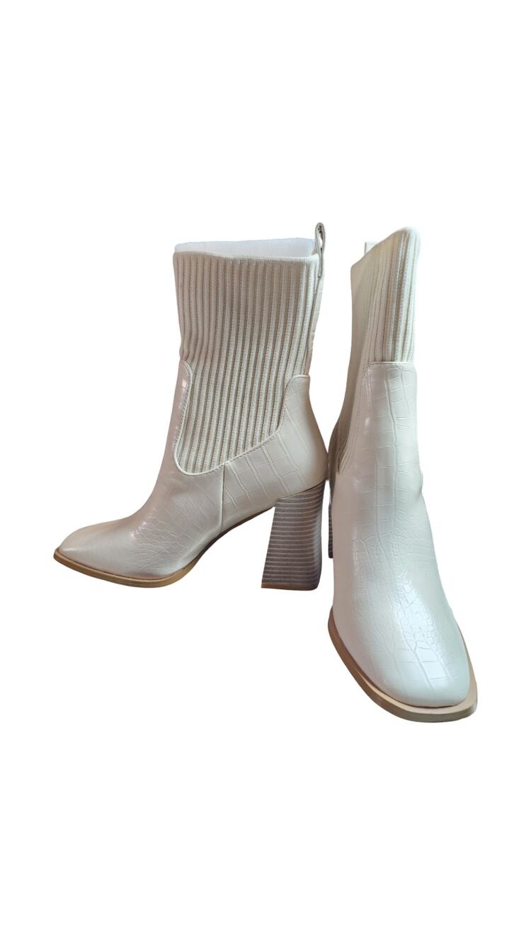 Lulus Naynee Bone Crocodile-Embossed Square Toe Mid-Calf Sock Boots NIB 7.5
